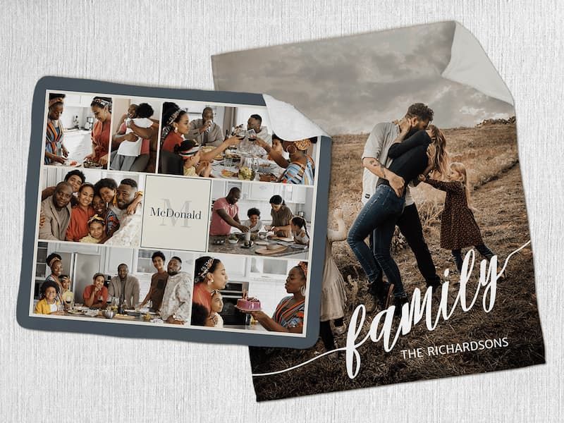 A gray fleece blanket photo-collaged with family gathering photos and monogram 'M' next to a sepia-toned fleece blanket showing a couple embracing a child, reading 'Family, The Richardsons.'