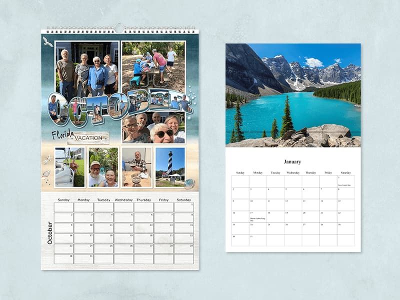 Two wall calendars: an October page with 'Florida Vacation' family photos, and a January page with a turquoise mountain lake photo.