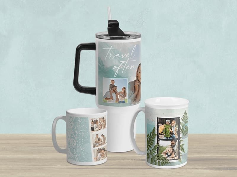 Three photo mugs and a travel tumbler reading 'Travel Often,' each printed with family photos, on a wood surface.