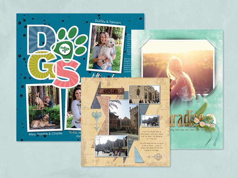 Three scrapbook-style layout pages: a blue 'Dogs' page with pet photos, a tan 'Explore' travel page, and a green 'Paradise' page with a sunset silhouette.
