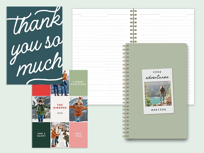 A 'Thank You So Much' card, a red-and-green holiday photo collage card reading 'The Gibsons 2025,' and a sage green '20XX Adventures' journal personalized 'Marissa.'