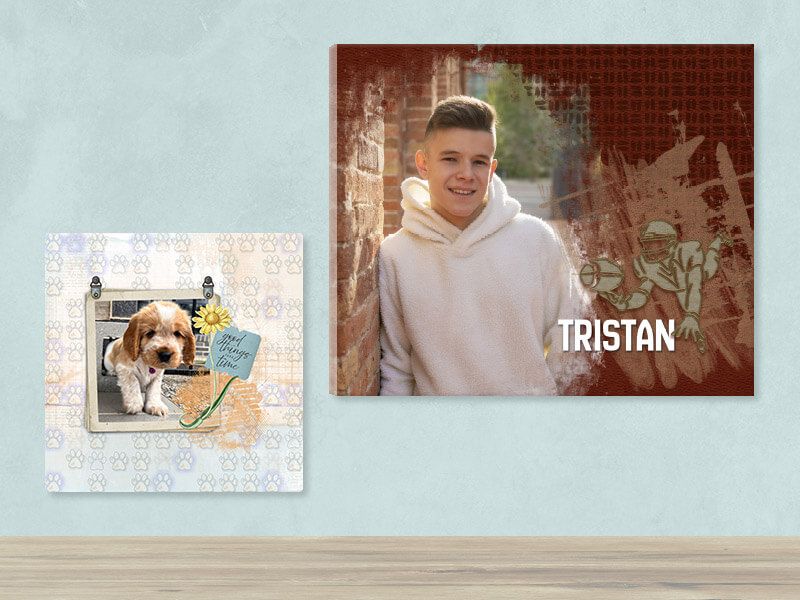 Two wall canvases: a small scrapbook-style puppy photo panel, and a large portrait of a teen boy labeled 'Tristan' with a football graphic.
