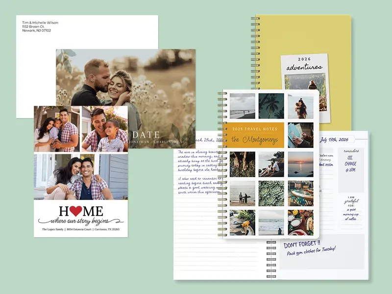 A photo save-the-date card and a 'Home' family photo card with a mailing envelope, alongside a yellow spiral 'Adventures' journal and an orange 'Travel Notes' notebook with photo collage pages and handwritten entries.