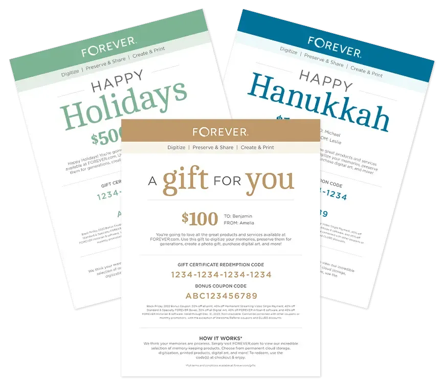 Forever gift certificates for Happy Holidays, Happy Hanukkah, and general occasions displaying redemption codes and values