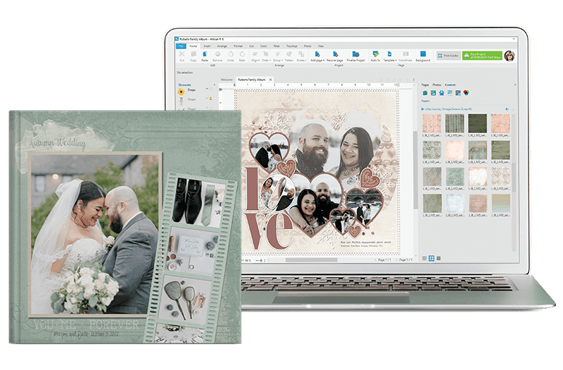 A sage green 'Autumn Wedding' photo book cover of a bride and groom next to a laptop showing the design software editing a heart-themed wedding photo collage page.